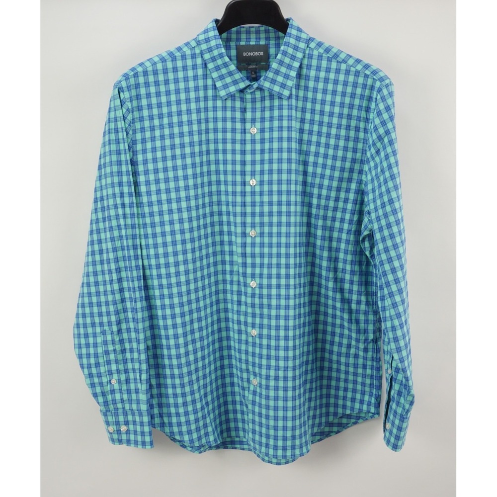 Bonobos Tech Button Down Shirt Men's XL Long Sleeve Blue Plaid Performance Nylon